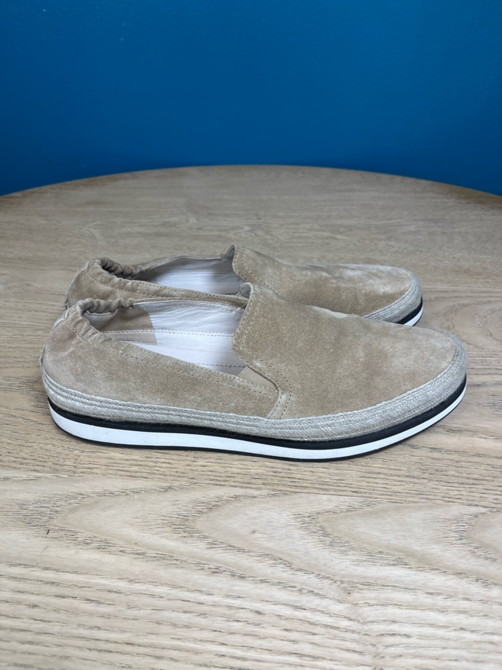 PRADA Saint Tropez Espadrille Slip On Platform Sneakers Tan Suede Size 7.5 - Picture 2 of 11